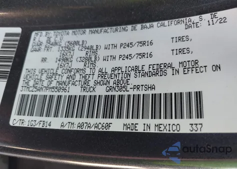 2023 Toyota Tacoma Sr V6 from USA, damaged, VIN 3TMCZ5AN7PM550961